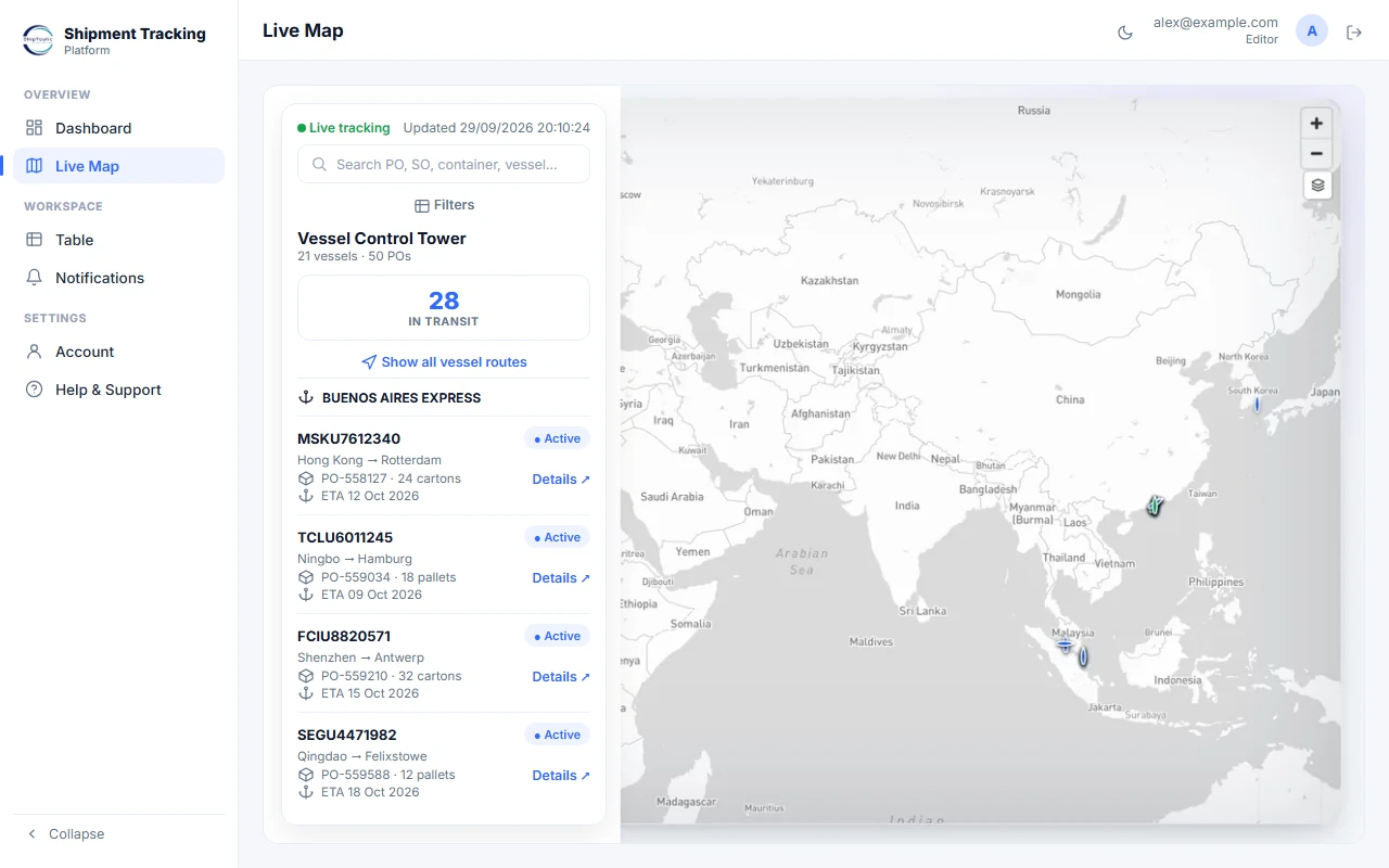 ShipTastic app: Live map screen