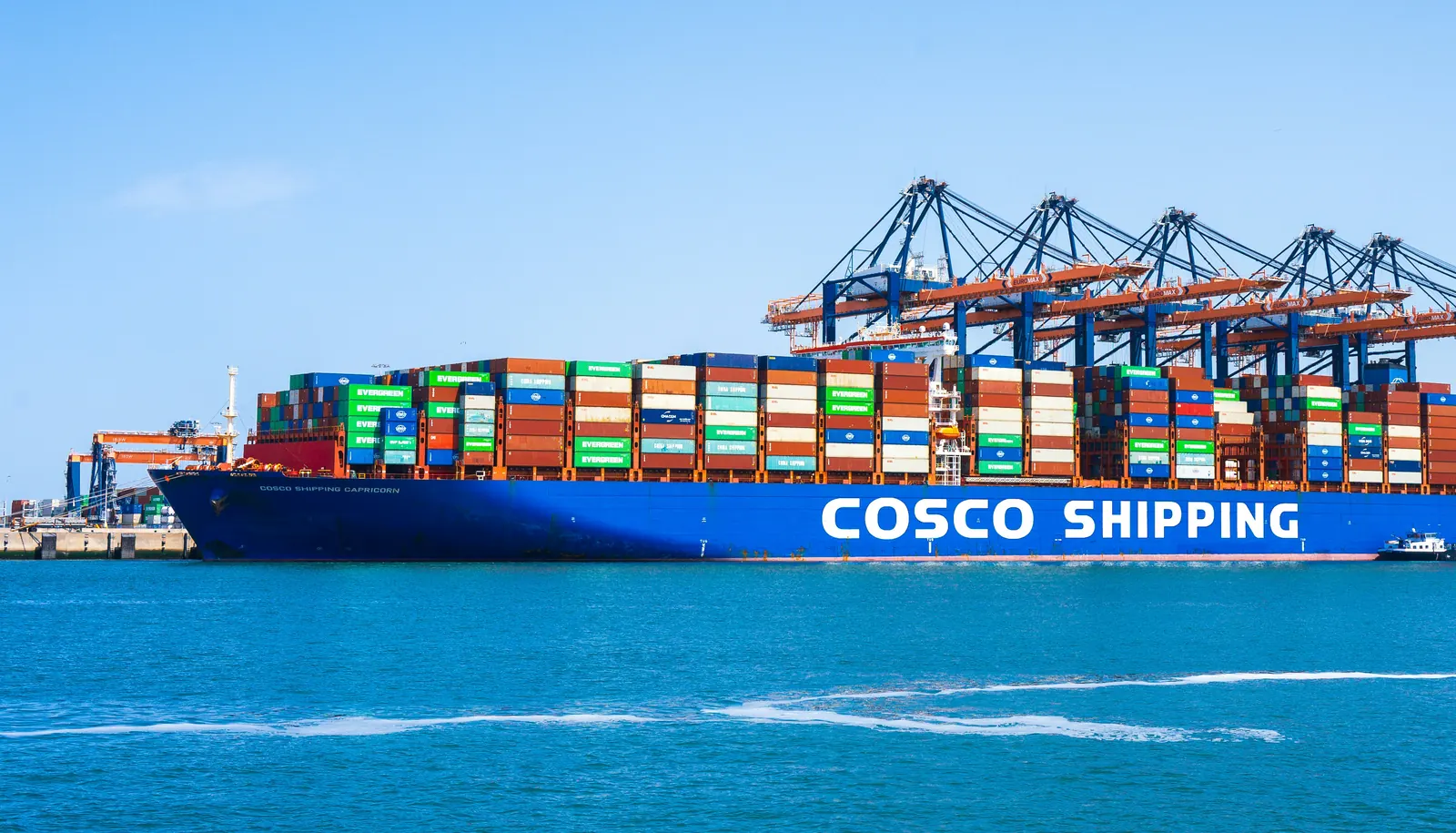 A COSCO SHIPPING container ship at a terminal, COSCO SHIPPING on its hull