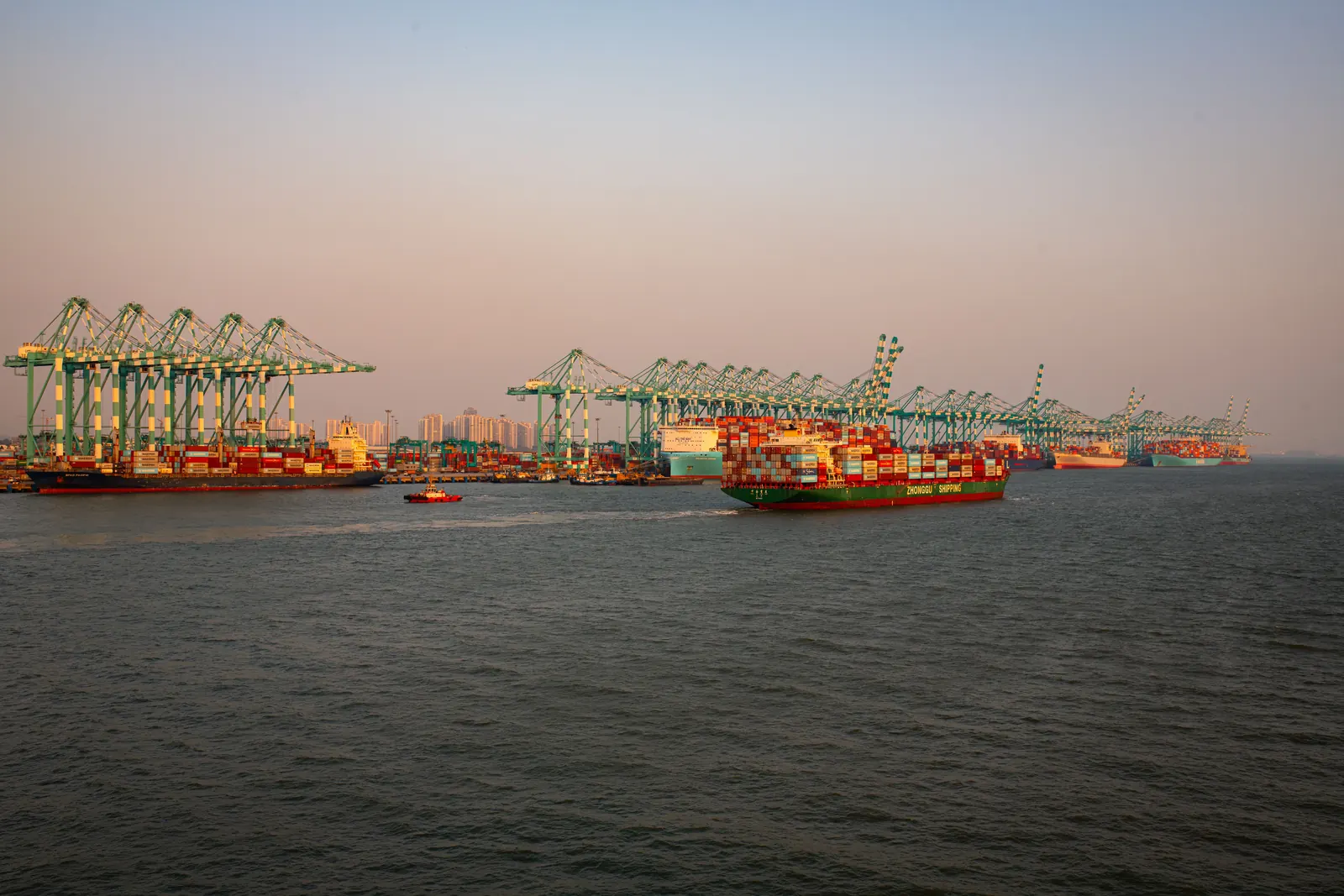 Container ships under quay cranes at the Port of Ningbo at dusk, seen from the water